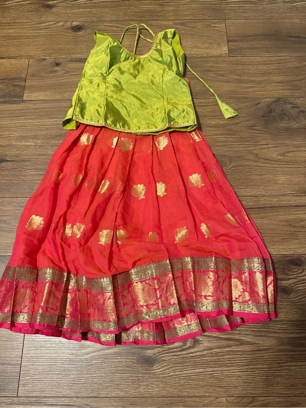 Girls’ pink and green South Indian pavadai(lehenga) set